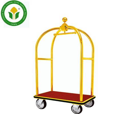 China Modern Hotel Golden 4 Wheel Spinner Stainless Steel Town Crier Trolley Luggage Trolley for sale