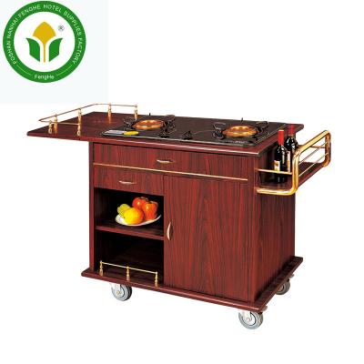 China Double Wooden Gas Stove Cooking Trolley Flambe Cart For Hotel for sale