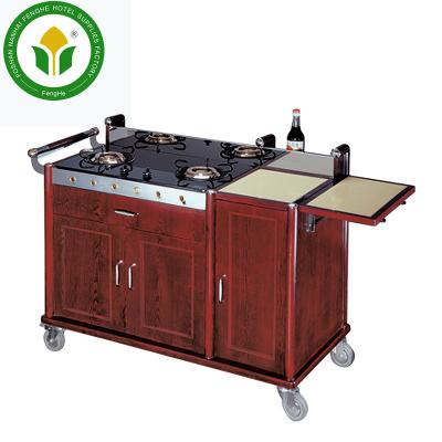 China Wooden Hotel Food Four Wheels Cooking Serving Trolley Flambe Cart For Restaurant for sale