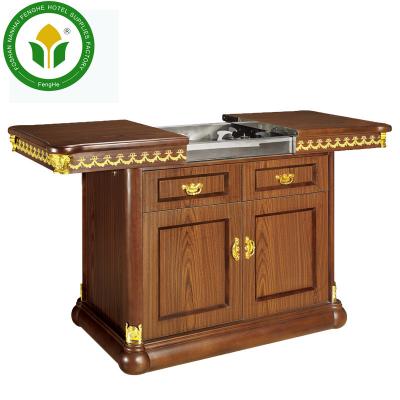 China Red Wooden Hotel 3 Tier Cooking Trolley Flambe Trolley for sale