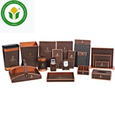 China Hot Sale Hotel Amenity Set Dark Brown Leather Wooden Box + Leather Hotel Accessories for sale