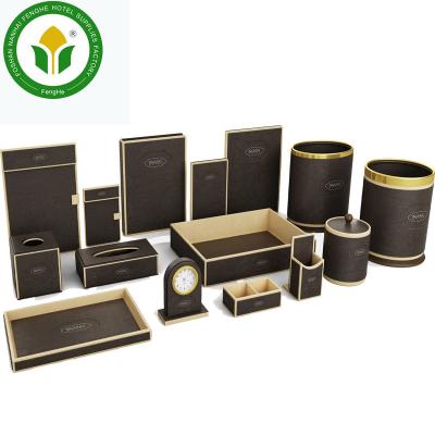 China Dark Brown Wooden Box + Leather Amenities Leather Set Leather Hotel Supplies Leather Accessories for sale