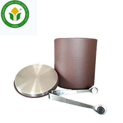 China Sustainable Stainless Steel Hotel Equipment Brown Round Cover Leather Ice Bucket for sale