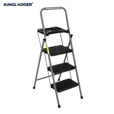 China Folding Ladders Kingladder KSP103T Grade 3 Steps Household Tool Steel Ladder With Plastic Tray for sale