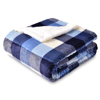 China Anti-Static Checkered Super Soft Bedding Blanket Blue White Double Sided Plaid Sherpa Fleece Throw Blanket for sale