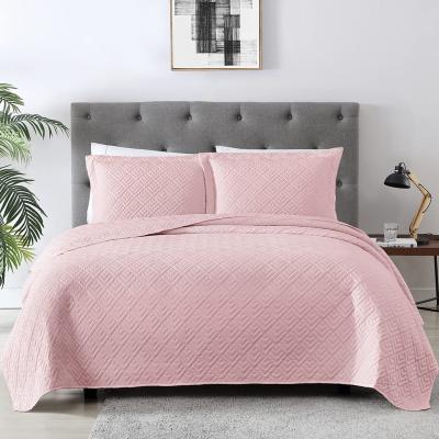 China Anti-Static Wholesale Elegant Bedding Grid Quilting 3 Pieces Queen Size Summer Square Pink Bedspreads & Coverlets for sale