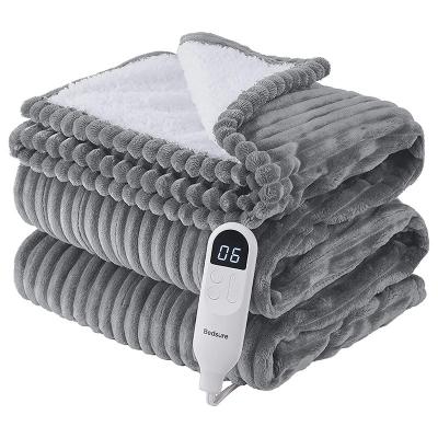 China Sustainable Comfort Grey Sherpa Double Heated Throw US UK Europe Plug Washable Flannel Electric Blanket for Bed en venta