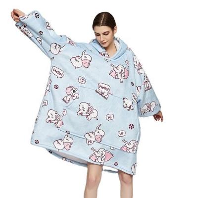 China Anti-Static Cute Style Animal Print Winter Warm oodie Blanket Flannel Thick Soft Plush Wearable Blanket Hoodie for sale