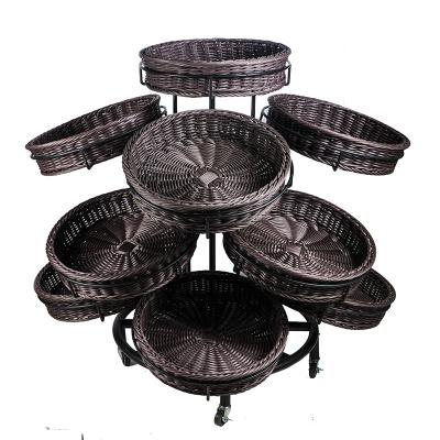 China Product Display Supermarket 3 Layer Wicker Baskets Round Detachable Iron Shelves Show Metal Rack for sale