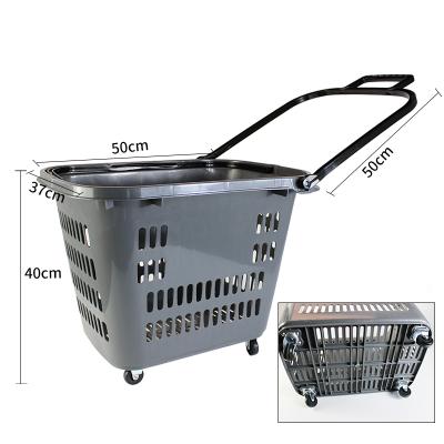 China Rolling Foldable Store Supermarket Or Supermarket 4 Wheels Grocery Shopping Baskets With Handles for sale