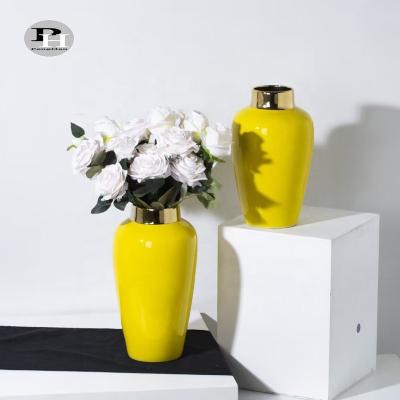 China Wholesale Antique Chinese Minimalist Style Decoration Bottle Shape Porcelain Table Flower Vase Luxury Modern Yellow Ceramic Vase For Decor for sale