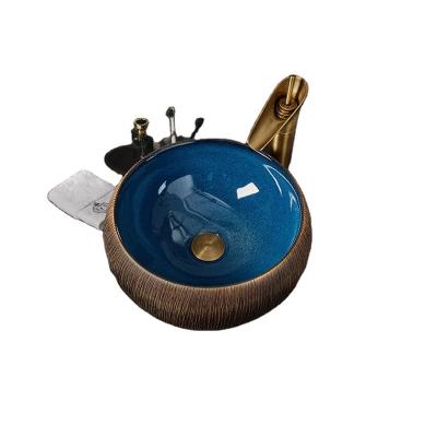 China China Contemporary Blue And Brown Countertop Ceramic Round Bathroom Sink Jasee Sanitary for sale