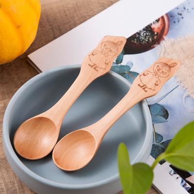 China Sustainable Cartoon Carved Handle Kids Dinner Spoon Baby Feeding Cute Natural Wooden Spoon Safe To Use for sale