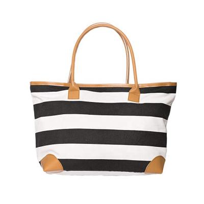 China Lady Manufacturer Wholesale High-grade Canvas Custom Stripe Print Cotton Bag With Leather Handle for sale