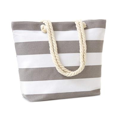 China Exquisite Logo Printing Custom Summer Canvas Fashion Simple Stripe Beach Bag for sale