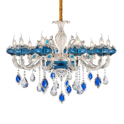 China Modern Hot Selling European Candle Light Blue Crystal Chandelier For Living Room Decoration Pendant Lighting Fixtures for sale