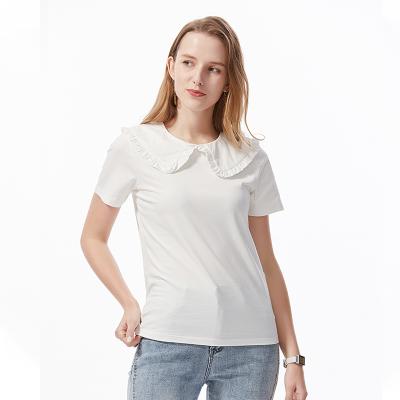 China Breathable Suitable For Simple And Clean 2021 Doll Women Summer White Collar Stitches T Shirt for sale