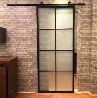 China 8FT Panel Modern Steel Slide Barn Door With Hardware Kit, Sliding Door Black French Steel Framed Glass Metal With Hardware Kit for sale