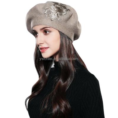 China Plush Women Winter Embroidered Style French Beret Beanie Cap for sale