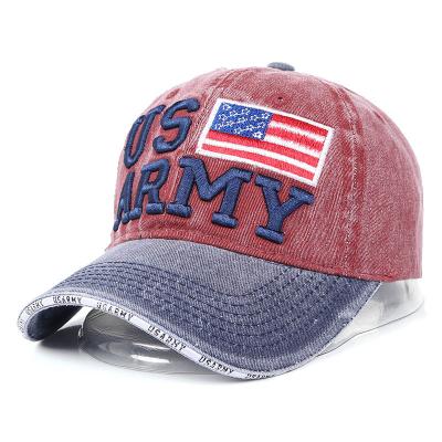 China USA JOINT Baseball Embroidered Adjustable Denim Distressed Dad Hats for sale