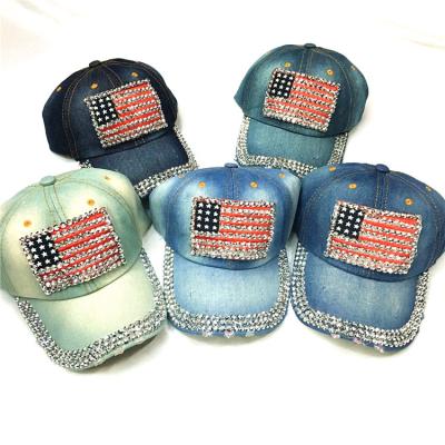 China Women American Flag Rhinestone Waterproof Denim Baseball Jeans Adjustable Hat for sale