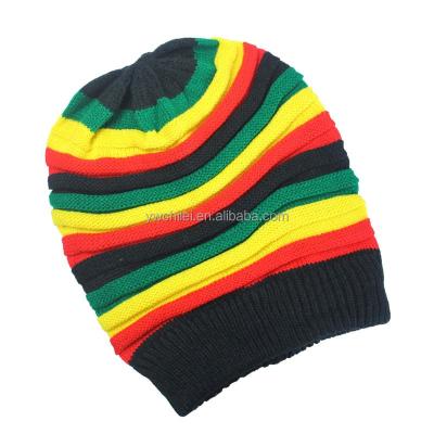 China JOINT Ribbed Trim Rasta Striped Printed Extra Loose Slouchy Long Beanie Hat for sale