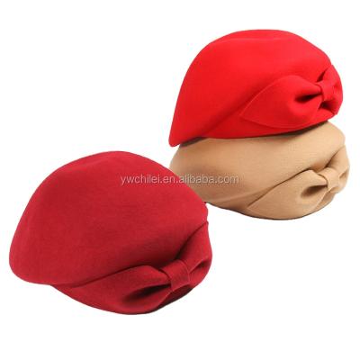 China Plush Autumn Winter Vintage Wool Felt Hat Bow Beret for sale