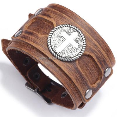 China Hip Hop Jewelry Punk Cross / Dragon / Skull Pattern Metal Belt Buckle Wide Leather Bangle Bracelet for sale