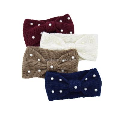 China Soft Crochet Turban Knitted Ear Warmer Vintage Bow Pearl Headband for sale