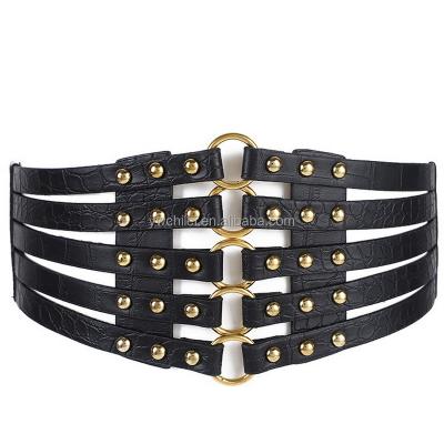 China ALLOY Fashion Women's PU Leather Wide Waistt Hollow Rivets Stretch Strap Belt Belt for sale