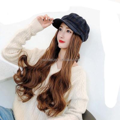 China Women Newsboy Taxi Driver Beret Hat Sun Visor Barred Hat With Hair Tied Long Wavy Wig for sale