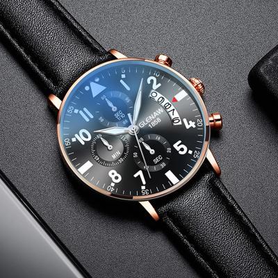 China Cheap Automatic Chronograph Function Multifunction Glenaw Date Sport Fashion Watch Polit Alloy Case Quartz Watch Men for sale