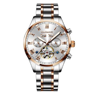 China Automatic Mechanical Watch Glenaw Date Tourbillon Watch Year Month Day Classic Multi-Function Steel Case Bracelet Gold Alloy Watch for sale