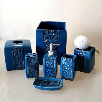 China JIASHUN Sustainable Household Accessories 7 Pcs Blue Ceramic Bathroom Accessories Set for sale