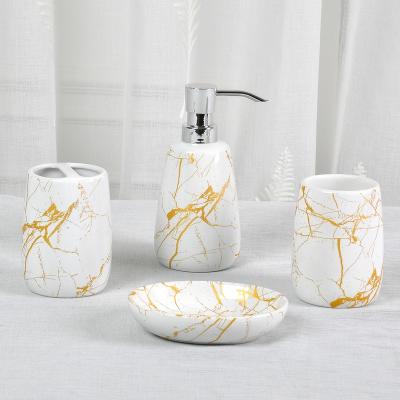 China JIA SHUN Viable 4 Pieces of Creative Gold White Marble Ceramic Luxury Bathroom Accessory Set for sale