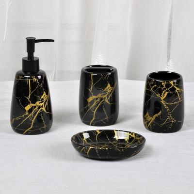 China JIA SHUN Viable 4 Piece Gold Design Black Ceramic Marble Look Bathroom Accessories Set Luxury for sale