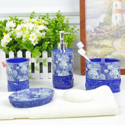 China JIASHUN viable 4 piece blue seashell emboss ceramic decal bathroom world sea accessory gift set for sale