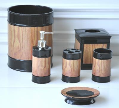 China JIA SHUN Sustainable Hotel Black Add Ceramic Wood Grain Bathroom Accessories Set 6 Pieces Soap Dispenser Canisters Trash Can for sale