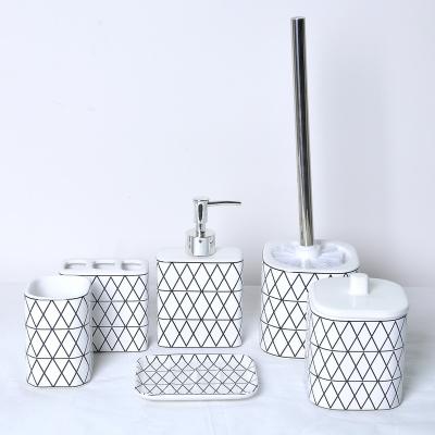 China Sustainable Line JIA SHUN Hotel Black White Ceramic Bathroom Accessories Set 6 Pieces Soap Dispenser Canisters Bin for sale