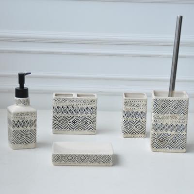 China JIA SHUN Sustainable Hotel 5 Piece Matte Black Groove Ceramic Bathroom Accessories Set for sale