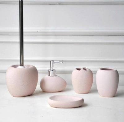 China JIA SHUN Modern Design Bathroom Products Sustainable Cobblestone Shape Pink Ceramic Sandstone Look Bathroom Accessories Set for sale