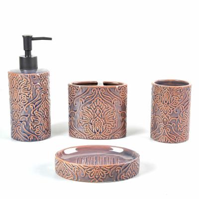 China JIASHUN Sustainable Hotel Changeable Brown Gloss Damask Emboss Ceramic Bathroom Accessories Gift Set for sale