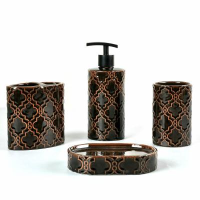 China JIASHUN Sustainable Hotel Bathroom Products Chocolate Variable Glaze Ceramic Bathroom Accessories Set for sale