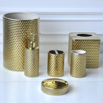 China JIA SHUN Sustainable Hotel Bathroom Accessories Set Ceramic Luxury Gold Plated 6 Pieces Soap Dispenser Canister Trash Can for sale