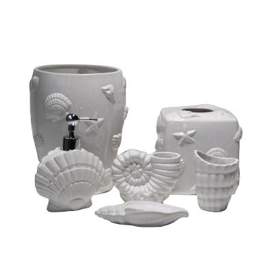 China Europe Sustainable Shell White Bathroom Set Single In Summer Ceramic Bathroom Set Lotion Dispenser for sale