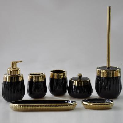 China Sustainable Luxury 7pcs Bathroom Set Black Gold Plating Porcelain Set Bathroom Accessories Sets for sale