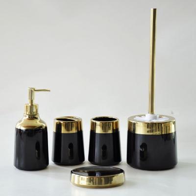 China Sustainable Europe Black Gold Plating Porcelain Set Ceramic Bathroom Accessories Sets For Hotel for sale