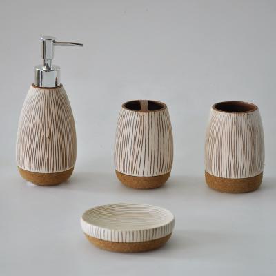 China New Design Sustainable Cork Base Ceramic Bathroom Accessories 4pieces Sets For Home Hotel Bathroom Washing for sale