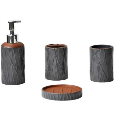 China JIASHUN 4 Pcs Sustainable Terracotta Material Gray Ceramic Bathroom Accessories Sets Lotion Pump Tooth Brus Holder Tumbler for sale