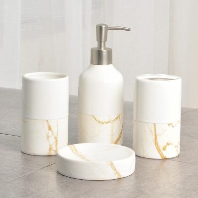 China JIA SHUN 4pcs Hotel Viable Bathroom Fittings White Ceramic Wood Grain Bathroom Accessories Set for sale